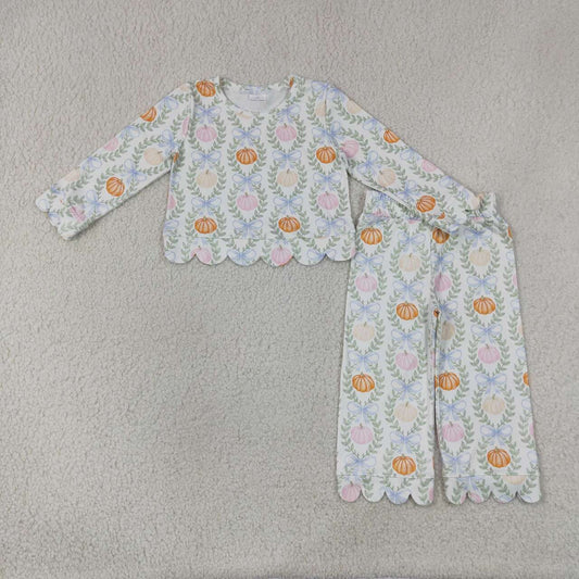 NEW RTS NO MOQ milk silk GLP3395 Baby Girls Checked Colorful Pumpkin Long Sleeve Top Scallop Edge Flare Pant Holiday Set