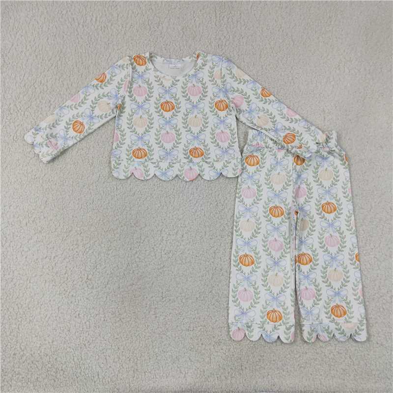 RTS NO MOQ Sibling milk silk Baby Girls Pumpkin Floral Print Scallop Edge Long Sleeve Top And Pant Set