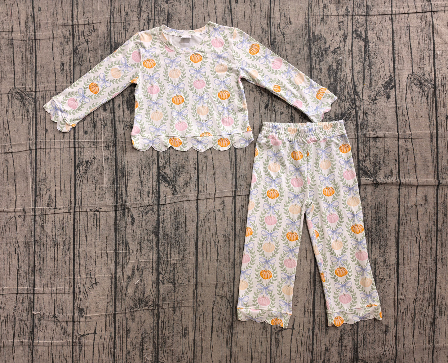 (Sample) No moq GLP3395 Baby Girls Checked Colorful Pumpkin Long Sleeve Top Scallop Edge Flare Pant Fall Holiday Clothes Set
