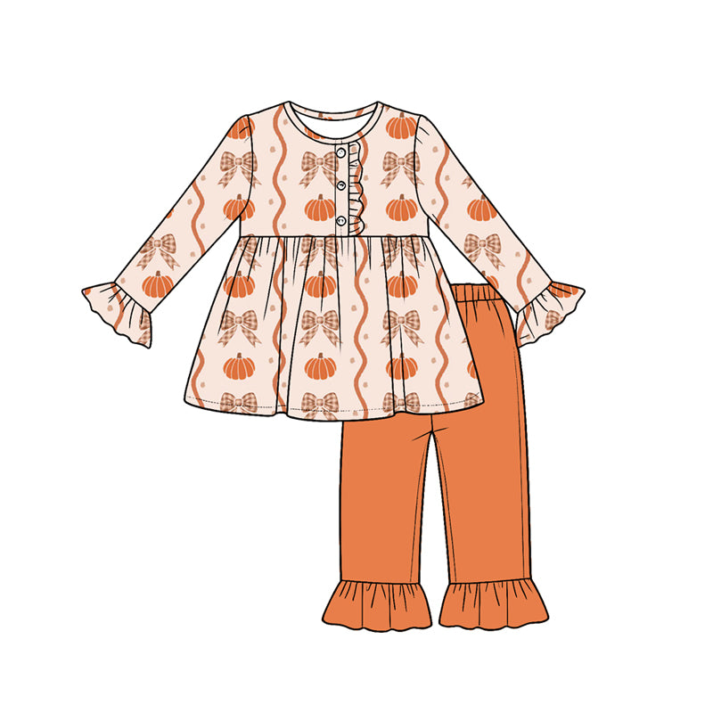 (Preorder new) No moq milk silk Baby Girls Pumpkins Bows Stripe Fall Button Top Ruffle Pants Set Dresses Romper