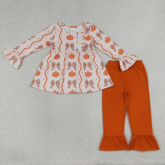 NEW RTS NO MOQ milk silk GLP3396 Baby Girls Pumpkin Bow Button Tunic Long Sleeve Ruffle Pants Halloween Clothes Sets