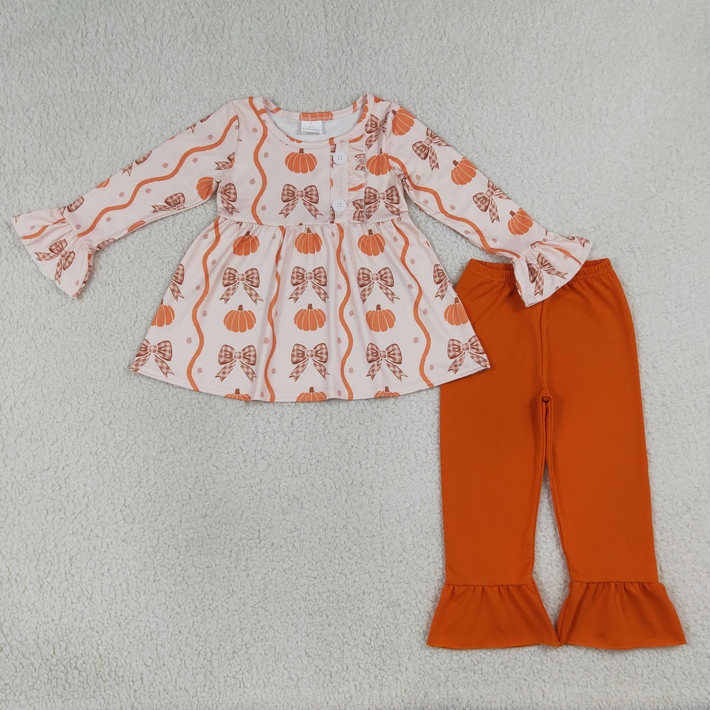 RTS NO MOQ Sibling milk silk Baby Girls Pumpkin Bow Print Button Tunic Matching Ruffle Pants Fall Clothes Set Button Ruffle Romper