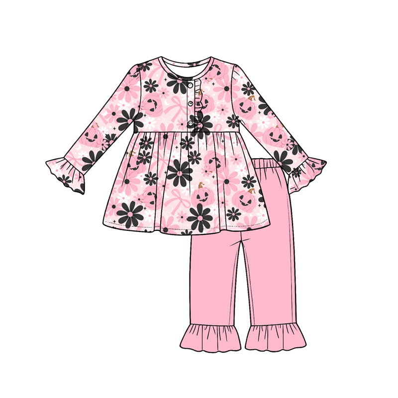 (Preorder new) No moq milk silk Baby Girls Pumpkin Print Bow Button Top Ruffle Pants Set Dresses Romper