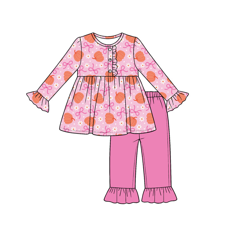 (Preorder new) No moq milk silk Baby Girls Pumpkins Bows Flowers Button Top Ruffle Pants Set Dresses Romper