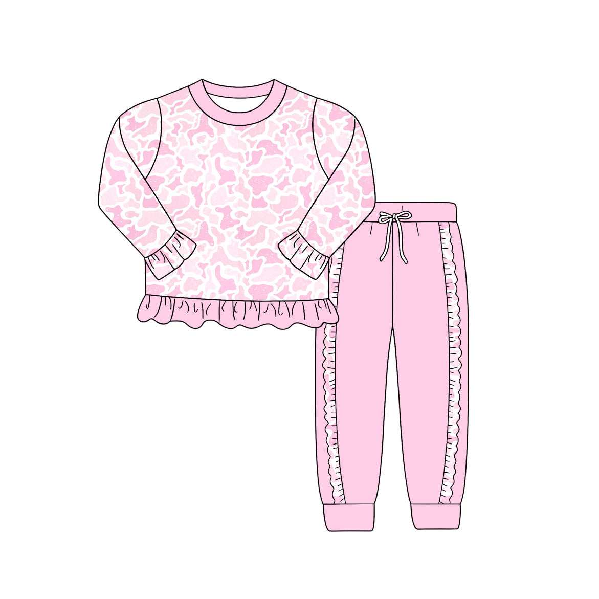 (Preorder new) No moq milk silk Baby Boys Girls Camo Print Long Sleeve Tops Pockets Jogger Clothes Sets Ruffle Pant Jumpsuits Pocket Pant Rompers