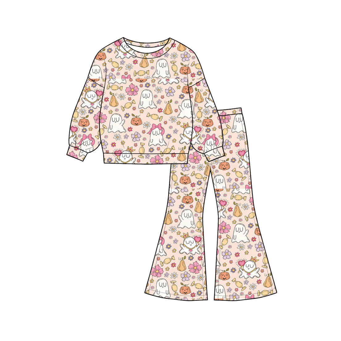 (Preorder new) No moq milk silk Baby Girls Flower Ghost  Long Sleeve Tops Fashion Flare Pant Halloween Wear