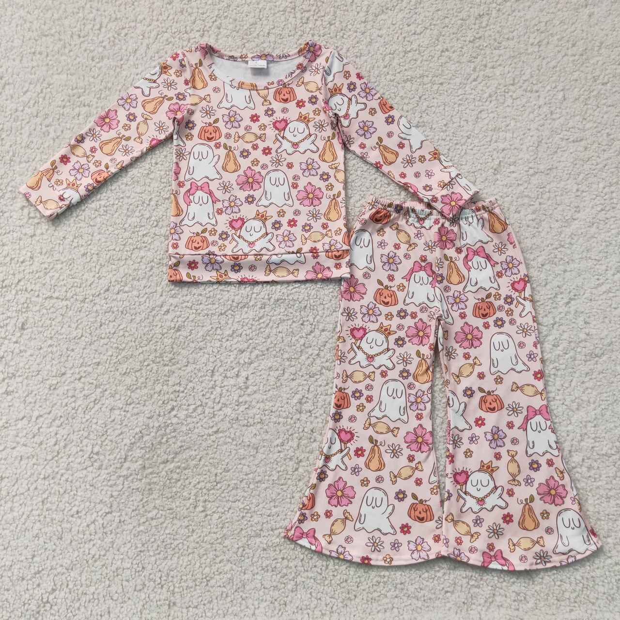 NEW RTS NO MOQ milk silk GLP3400 Baby Girls Floral Ghost Halloween Shirt Top Pant Set