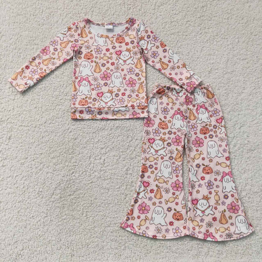 NEW RTS NO MOQ milk silk GLP3400 Baby Girls Floral Ghost Halloween Shirt Top Pant Set