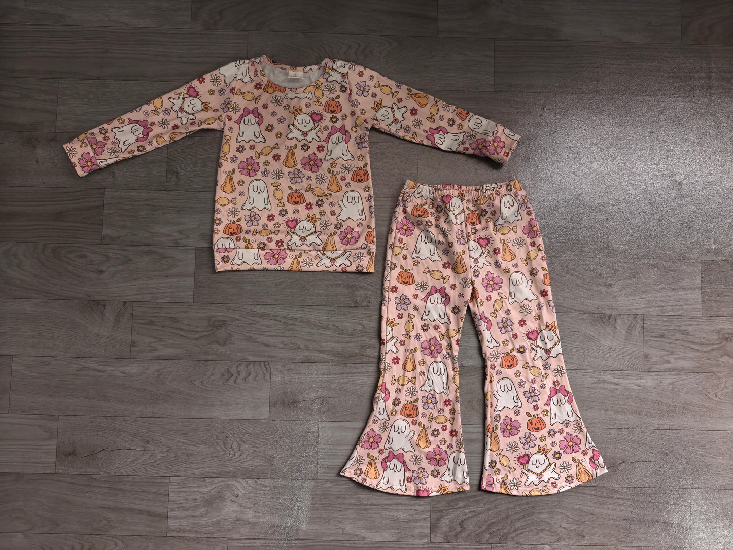 (Sample) No moq GLP3400 Baby Girls Floral Ghost Halloween Shirt Top Pant Clothes Set
