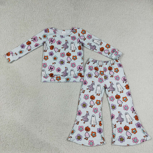 RTS NO MOQ milk silk GLP3401 Baby Girls Floral Ghost Long Sleeve Shirt Flare Pant Halloween Set