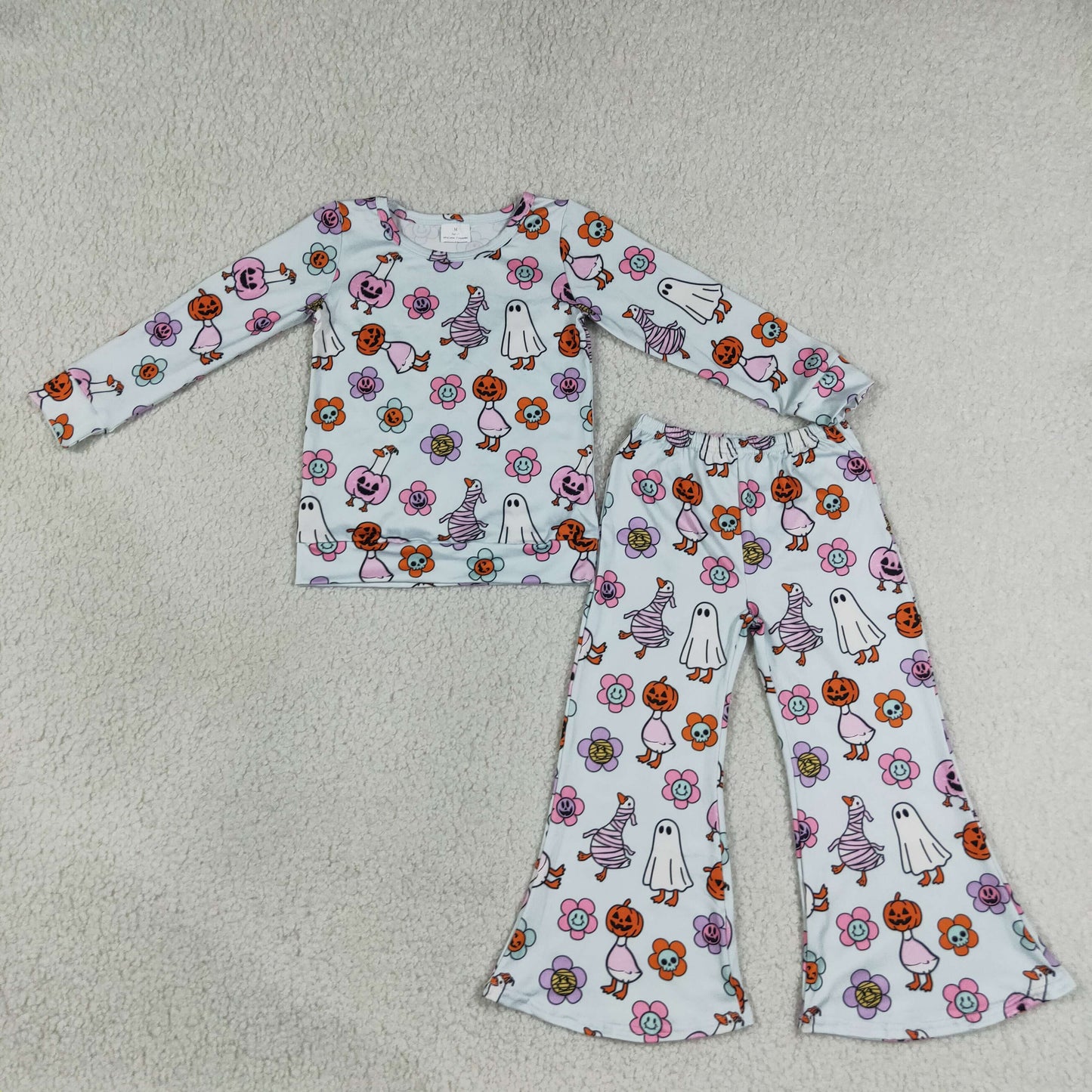 RTS NO MOQ Sibling milk silk Baby Girls Bow Pumpkin Check Top Flare Trousers Set
