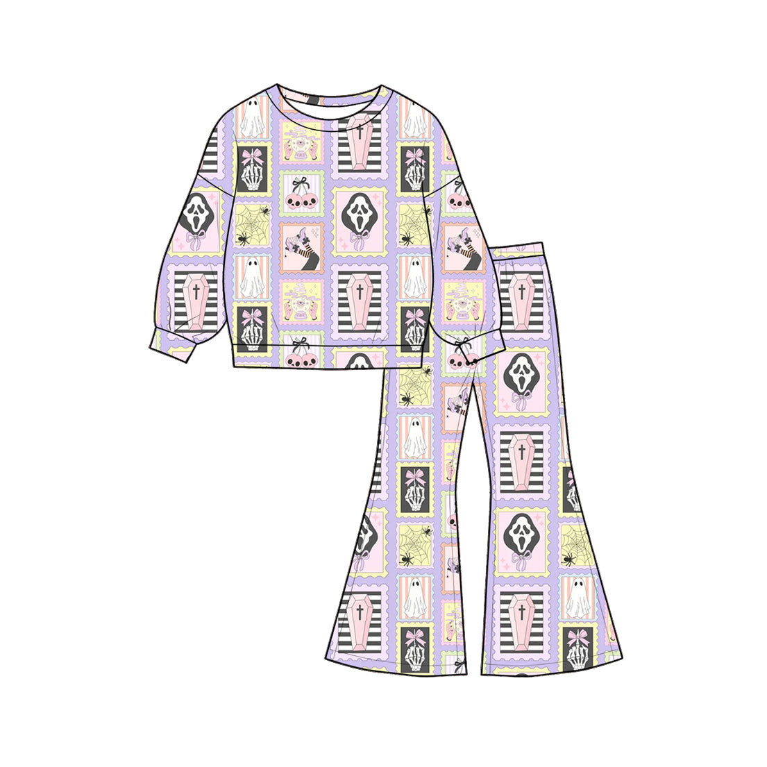 (Preorder new) No moq milk silk Baby Girls Flower Ghost  Long Sleeve Tops Fashion Flare Pant Halloween Wear