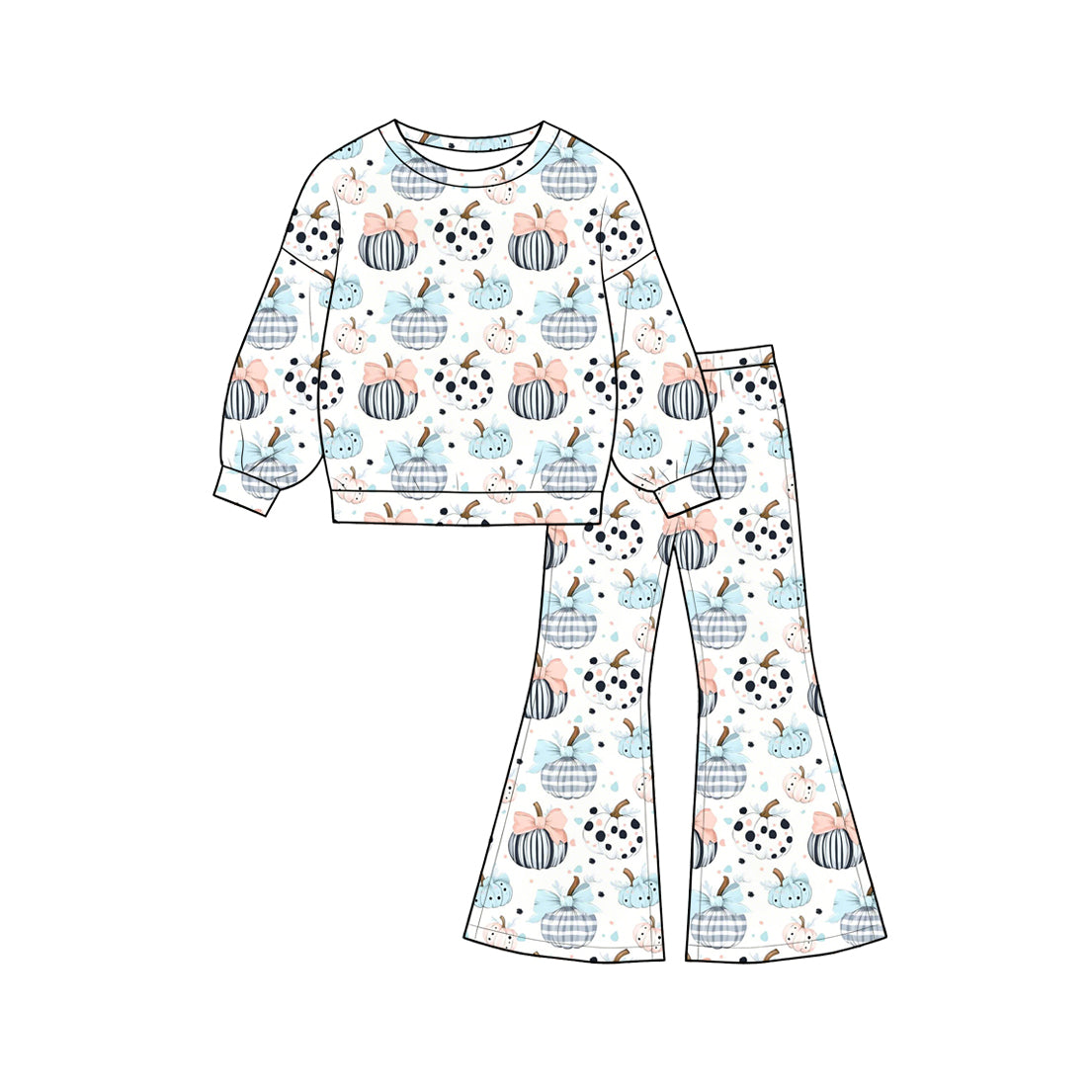 (Preorder new) No moq milk silk Baby Girls Flower Ghost  Long Sleeve Tops Fashion Flare Pant Halloween Wear