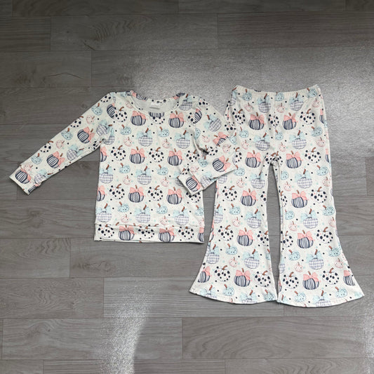 (Sample) No moq milk silk GLP3403 Baby Girls Bow Pumpkin Print Long Sleeve Shirt Top Flare Bell Bottom Pants Clothes Sets