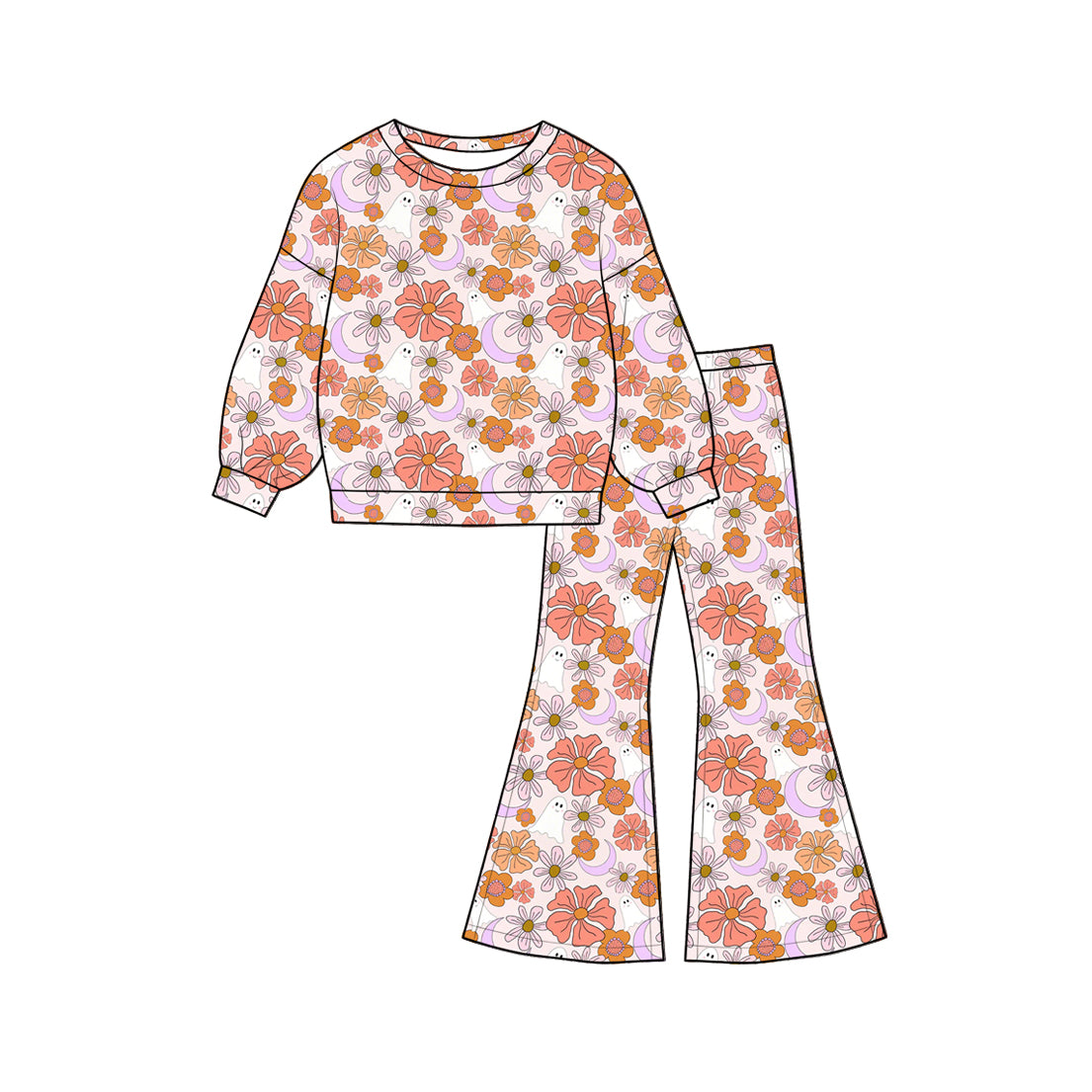 (Preorder new) No moq milk silk Baby Girls Flower Ghost  Long Sleeve Tops Fashion Flare Pant Halloween Wear