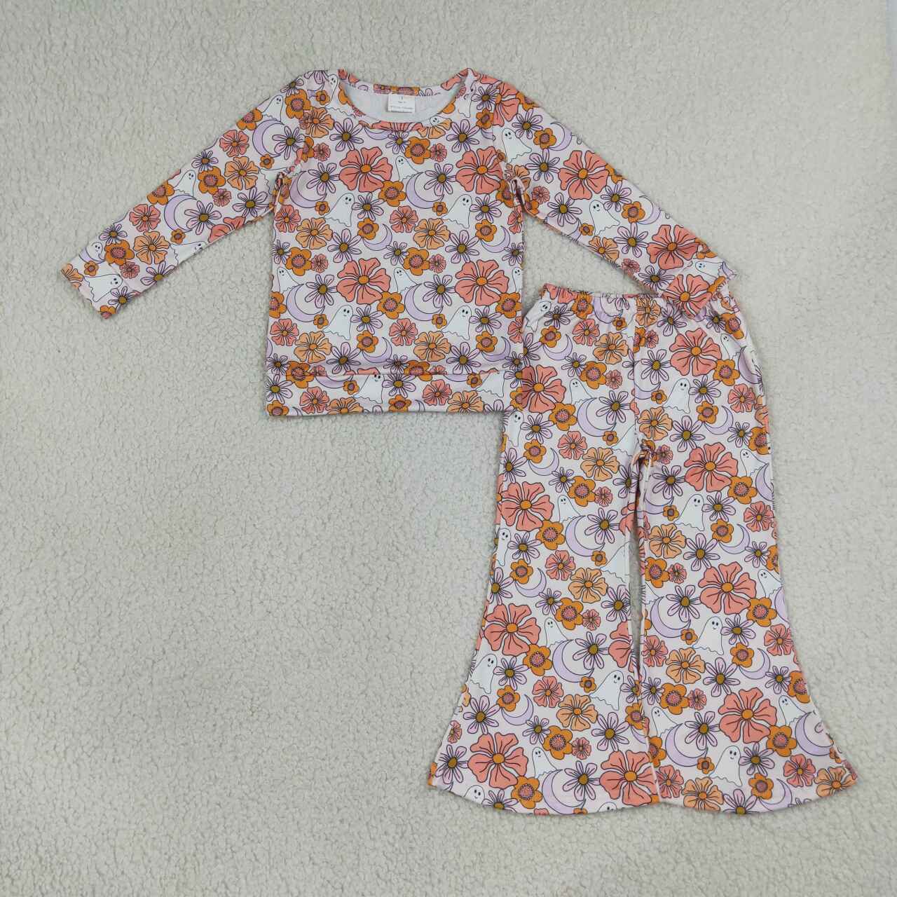 NEW RTS NO MOQ milk silk GLP3404 Baby Girls Spooky Ghost Flower Top Flare Pants Halloween Matching Clothes Sets