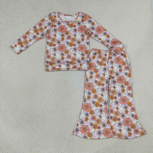 NEW RTS NO MOQ milk silk GLP3404 Baby Girls Spooky Ghost Flower Top Flare Pants Halloween Matching Clothes Sets