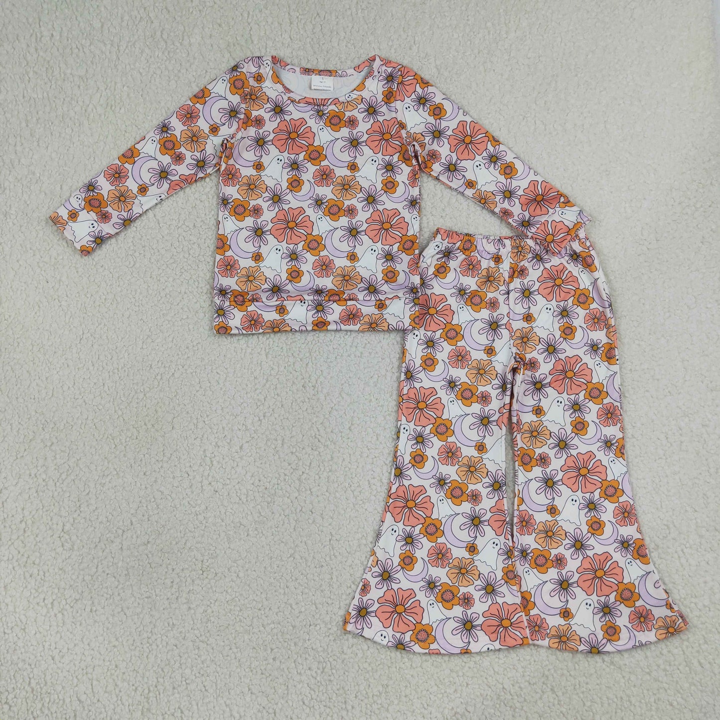 RTS NO MOQ Sibling milk silk Baby Girls Bow Pumpkin Checked Print Top Matching Flare Pants Two Piece Fall Clothes Set