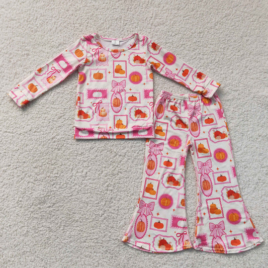 RTS NO MOQ milk silk GLP3405 Baby Girls Plaid Bow Pumpkin Long Sleeve Shirt Flare Pant Clothes Set