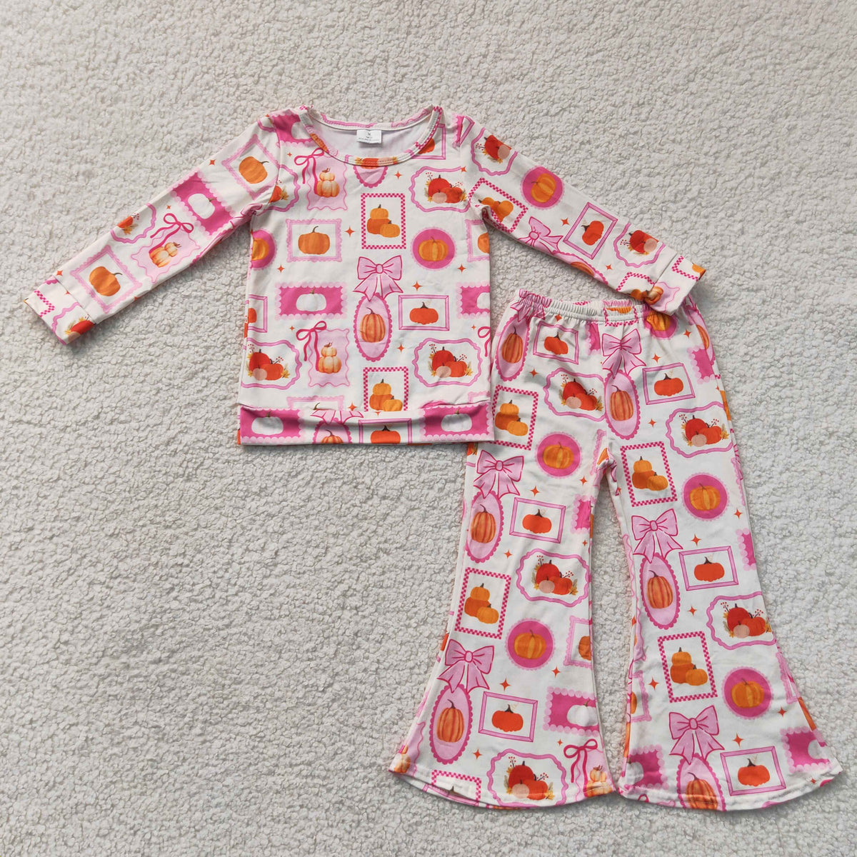 RTS NO MOQ Sibling milk silk Baby Girls Bows Pumpkins Checked Top Flare Pant Fall Clothes Sets
