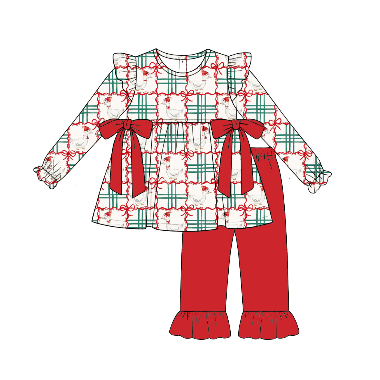 (Preorder new) No moq milk silk Baby Girls Cute Goose Checked Bow Tunic Ruffle Pant Sets Fall Knee Length Dress