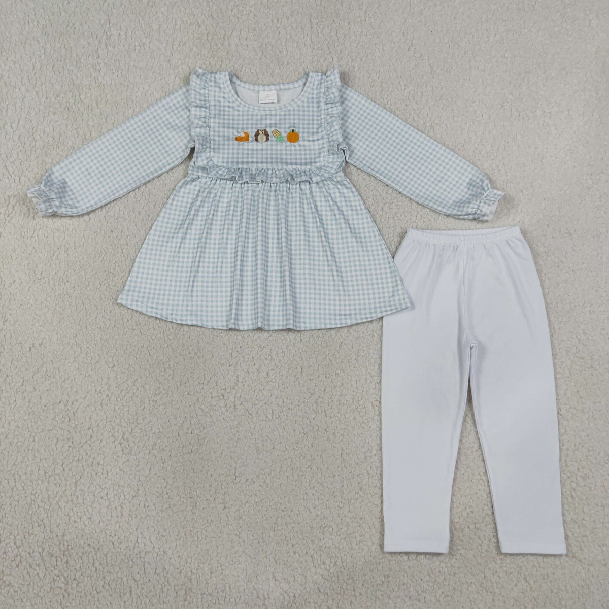 RTS NO MOQ Sibling milk silk Embroidery Turkey Pumpkins Baby Girls Tunic Leggings Thanksgivings Set Rompers