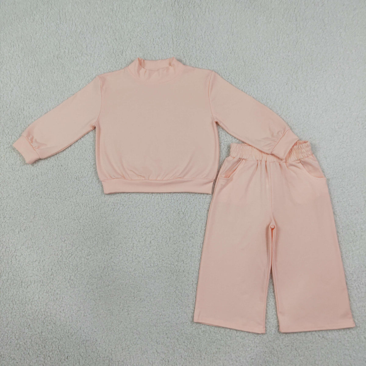 RTS NO MOQ Sibling cotton Baby Girls Solid Color Mock Neck Long Sleeve Top and Elastic Waist Wide Leg Pants Set