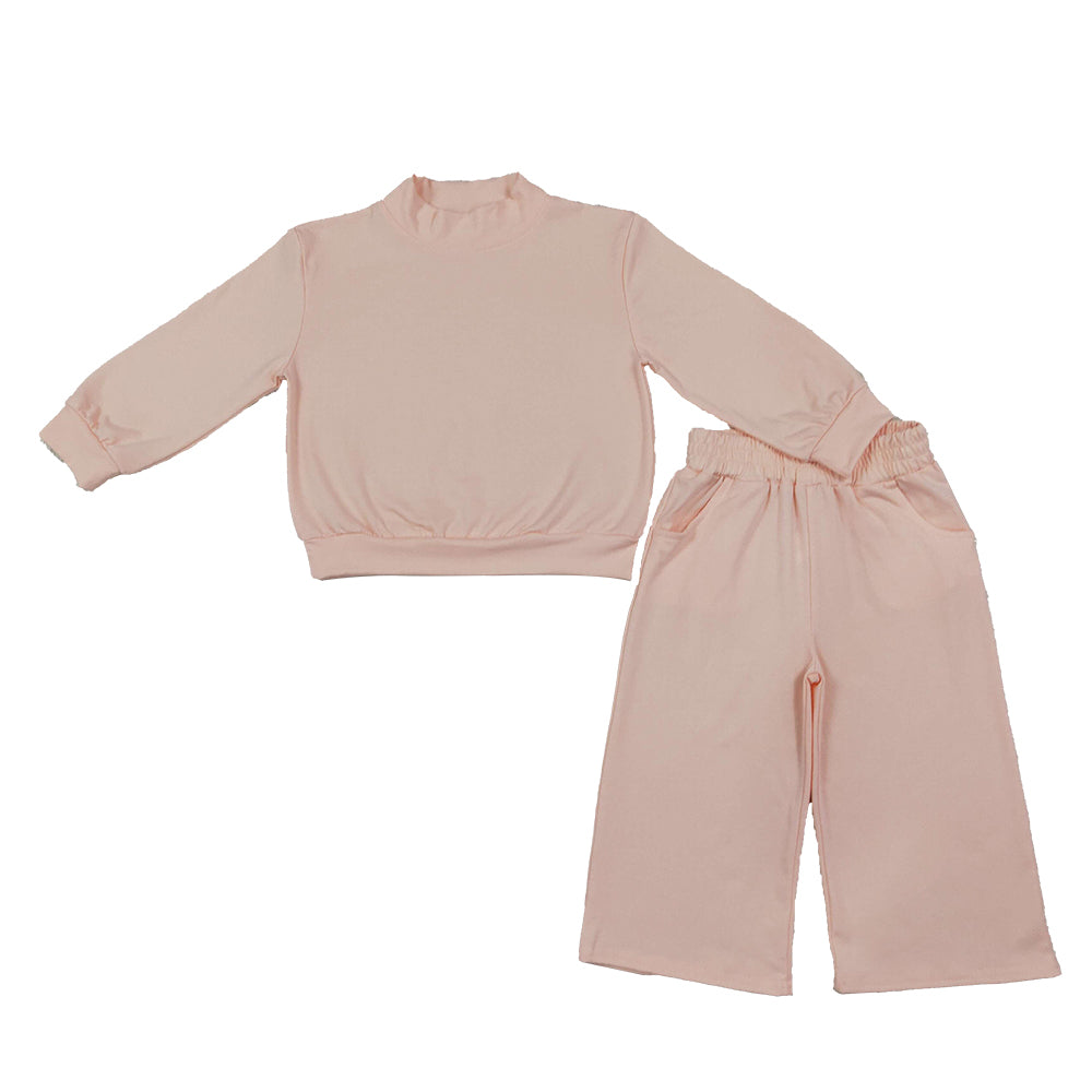 RTS NO MOQ Sibling cotton Baby Girls High Neck Solid Long Sleeve Top And Wide Leg Pant Outfit Set