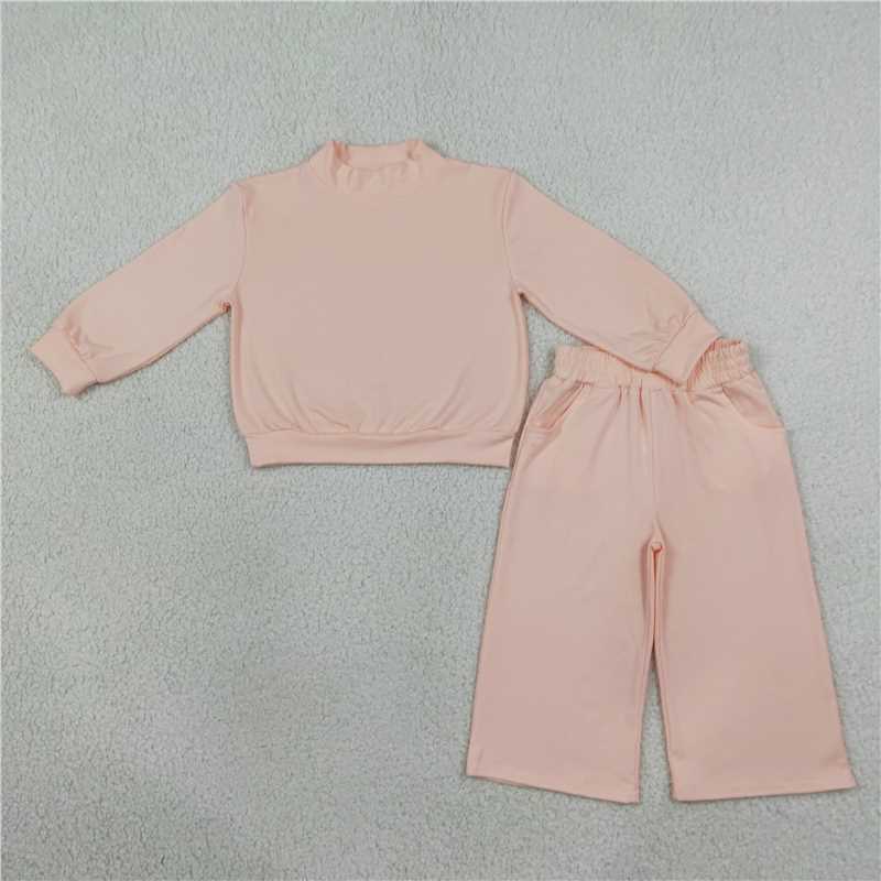 RTS NO MOQ Sibling cotton Baby Girls High Neck Solid Ruffle Mock Neck Long Sleeve Top And Wide Leg Pant Outfit Set