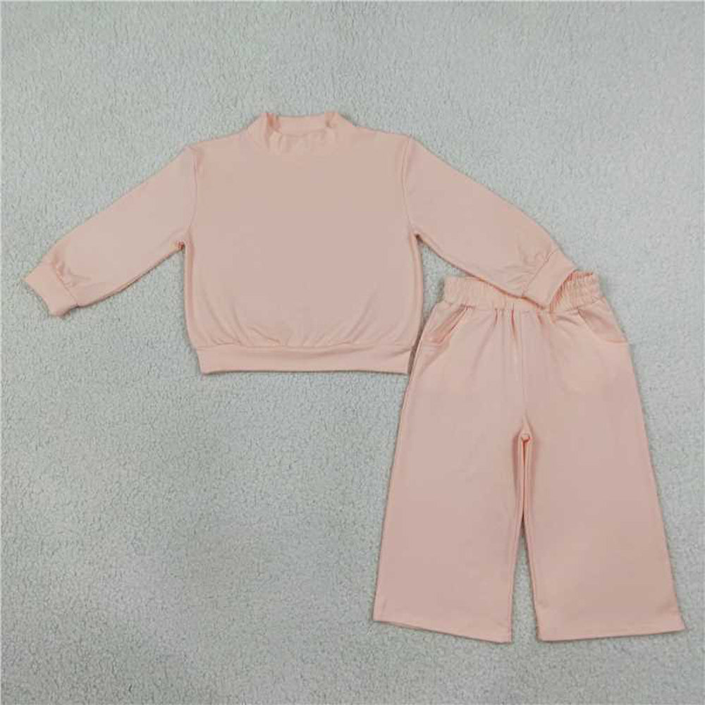 RTS NO MOQ Sibling cotton Adult To Match Kids High Neck Light Pink Mock Neck Long Sleeve Top Wide Leg Pants Set Camo Pant