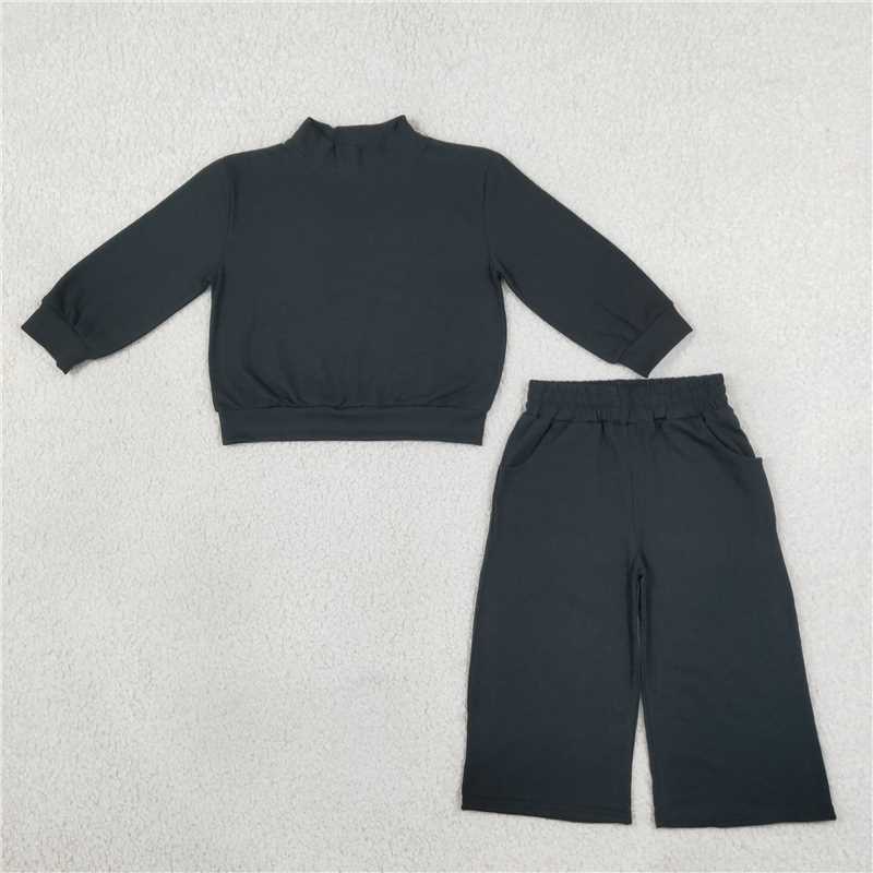 RTS NO MOQ Sibling cotton Baby Girls High Neck Solid Ruffle Mock Neck Long Sleeve Top And Wide Leg Pant Outfit Set