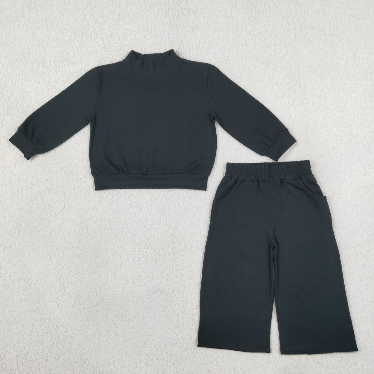 RTS NO MOQ Sibling cotton Adult To Match Kids High Neck Black Mock Neck Long Sleeve Top Wide Leg Pants Set