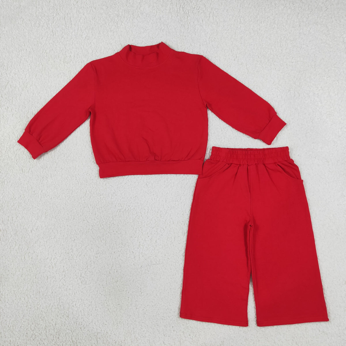 RTS NO MOQ Sibling cotton Adult To Match Kids High Neck Red Mock Neck Long Sleeve Top Wide Leg Pants Set