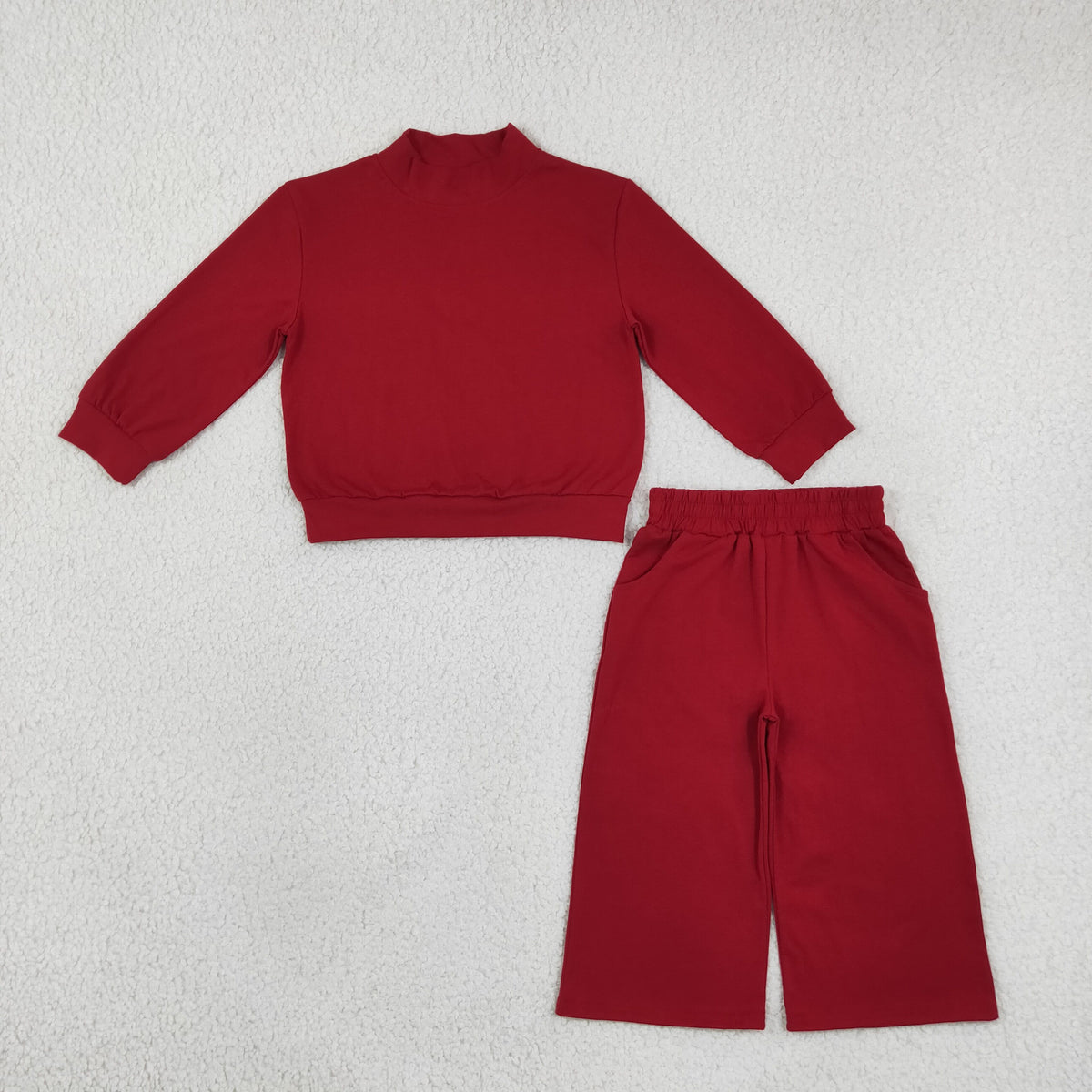(SNEW RTS NO MOQ cotton GLP3413 Baby Girls Maroon Pocket Long Sleeve Top Flare Pants Sleepwear Casual Set