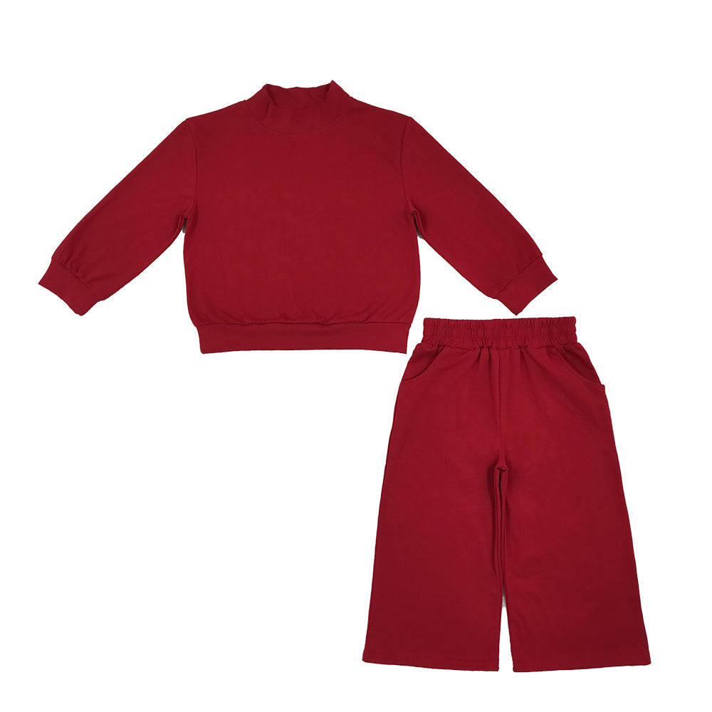 RTS NO MOQ Sibling cotton High Neck Baby Girls Casual Solid Mock Neck Top With Pocket Wide Leg Pants Set