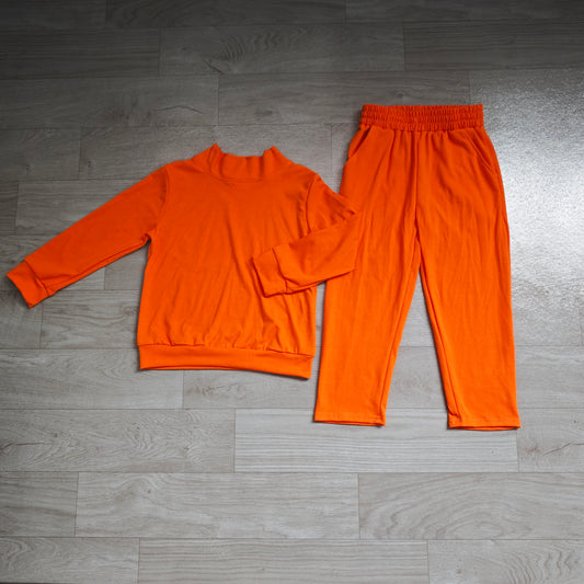 (Sample) No moq cotton GLP3414 Baby Girls Orange Pocket Long Sleeve Top Flare Pants Sleepwear Set