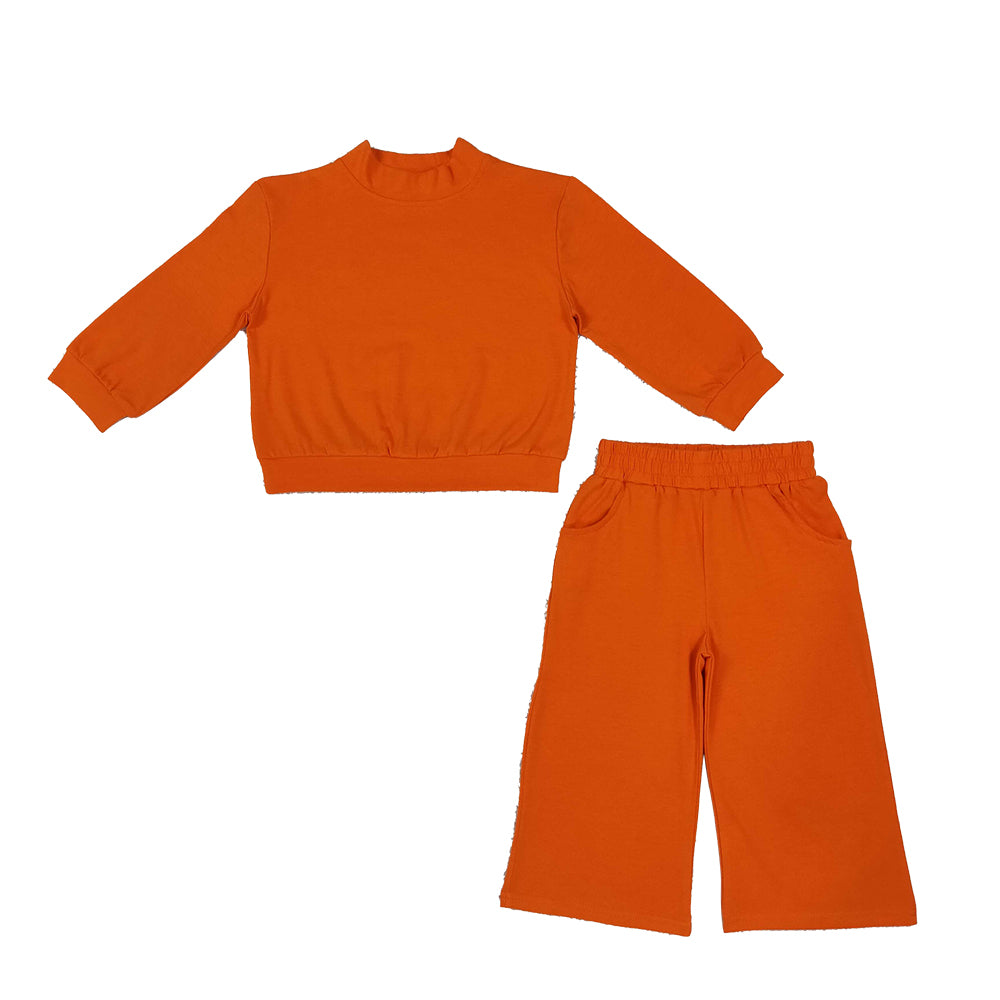 RTS NO MOQ Sibling cotton Baby Girls High Neck Solid Long Sleeve Top And Wide Leg Pant Outfit Set