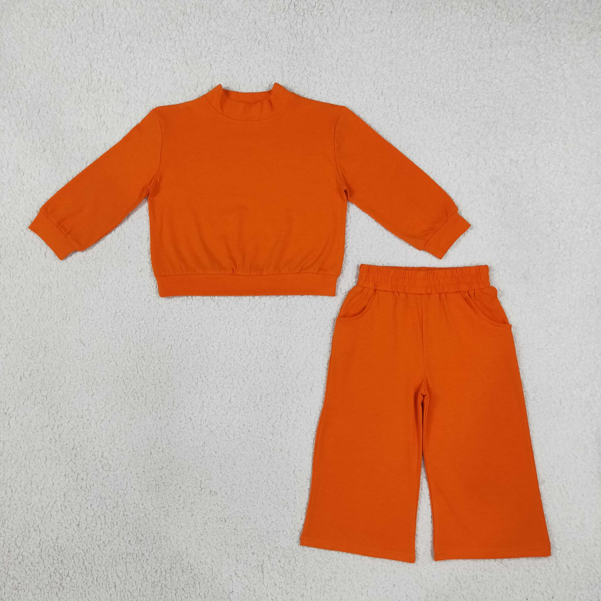 NEW RTS NO MOQ cotton GLP3414 High Neck Baby Girls Orange Pocket Casual Long Sleeve Top Flare Pants Sleepwear Set