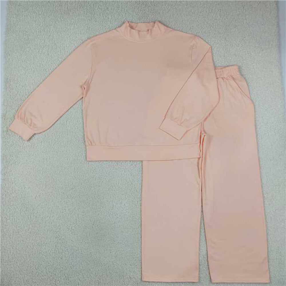 RTS NO MOQ Sibling cotton Adult To Match Kids High Neck Light Pink Mock Neck Long Sleeve Top Wide Leg Pants Set Camo Pant