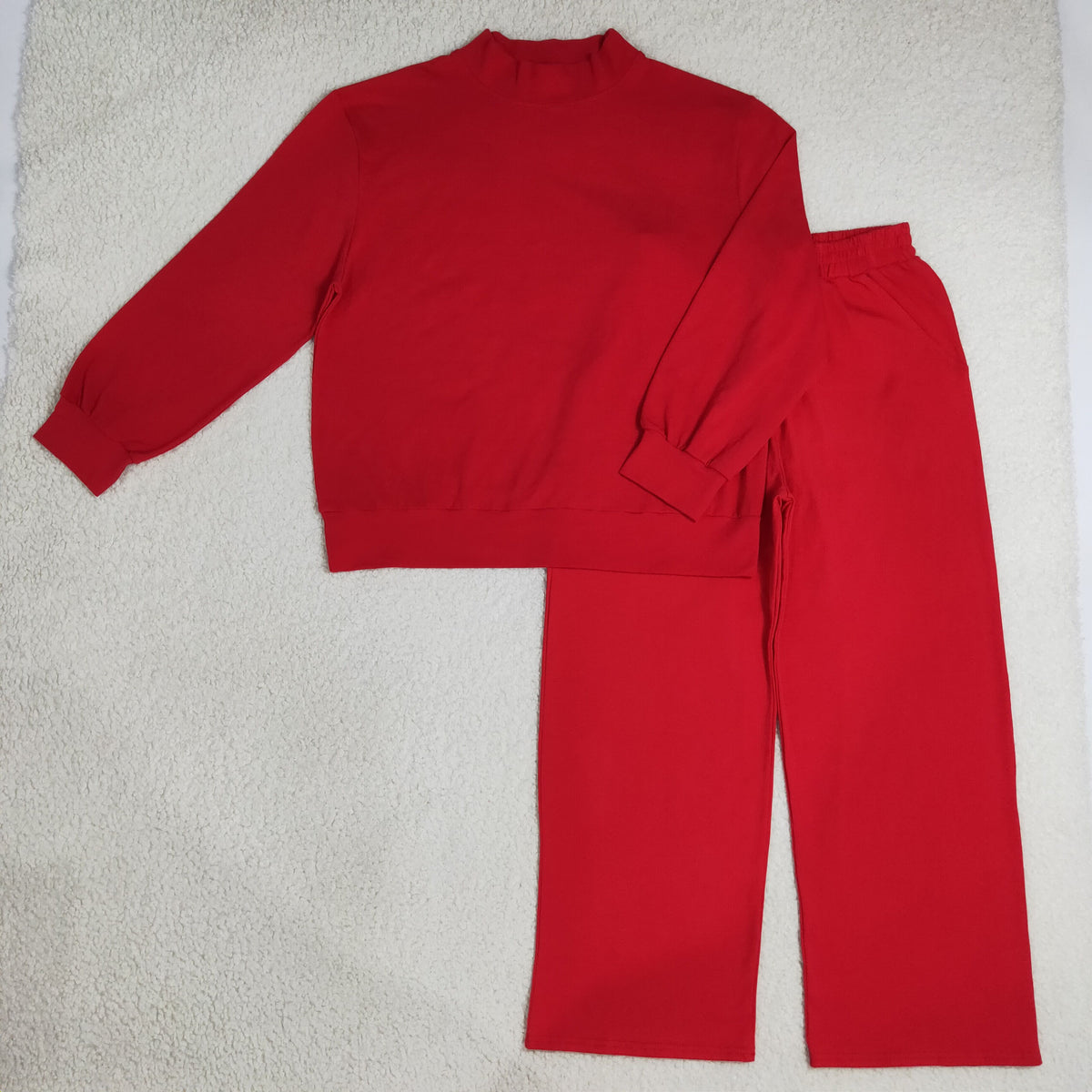 RTS NO MOQ Sibling cotton Adult To Match Kids High Neck Red Mock Neck Long Sleeve Top Wide Leg Pants Set