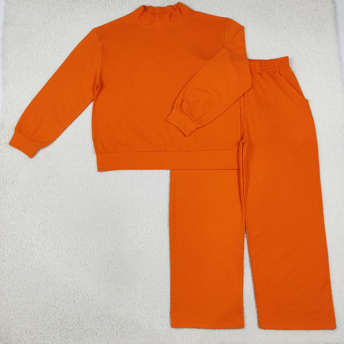 RTS NO MOQ Sibling cotton Adult To Match Kids High Neck Solid Orange Mock Neck Long Sleeve Top Wide Leg Pants Set