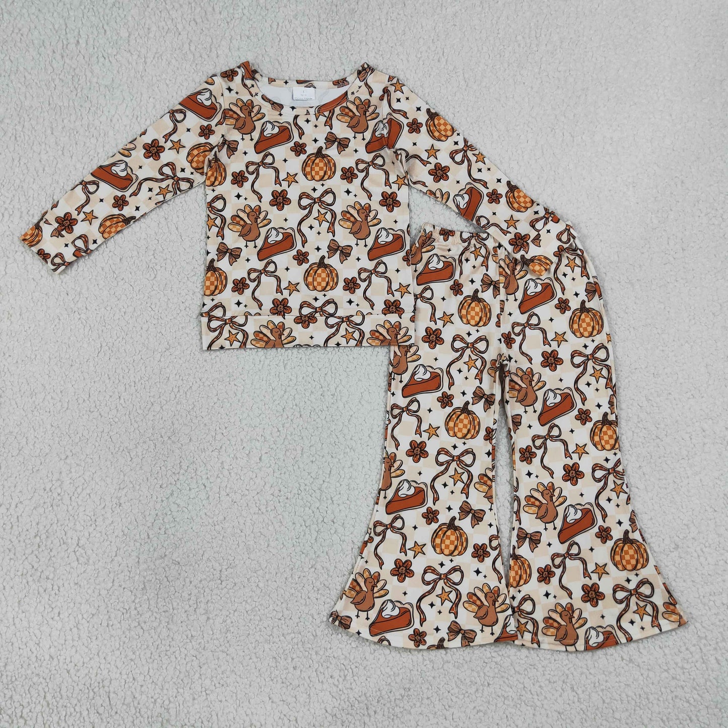 RTS NO MOQ Sibling milk silk Baby Girls Turkey Pumpkin Print Long Sleeve Top With Flare Pant Thanksgiving Fall Set Two Way Zip Convertible Rompers