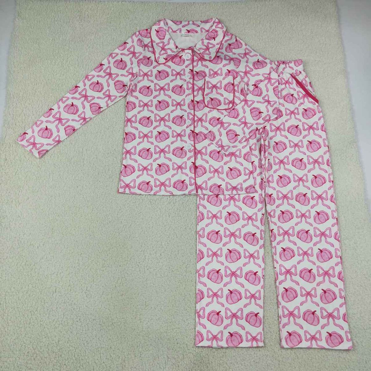 NEW RTS NO MOQ milk silk GLP3423 Adult Women Cute Bow Pumpkin Print Button Front Long Sleeve Top Pocket Pant Fall Pajama Set