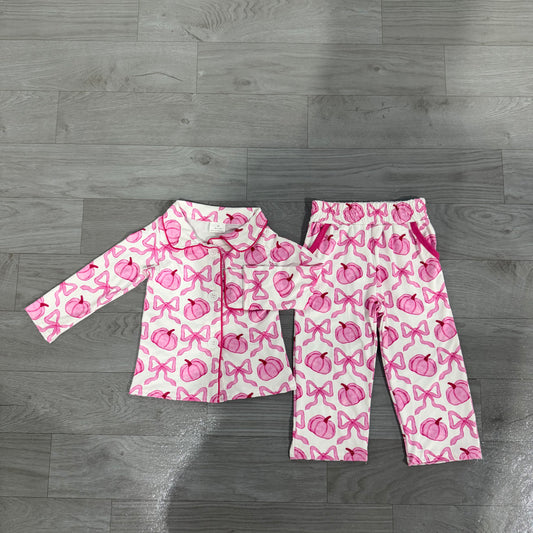 (Sample) No moq milk silk GLP3423 Adult Women Cute Bow Pumpkin Print Button Front Long Sleeve Top Pocket Pant Two Piece Fall Pajama Set