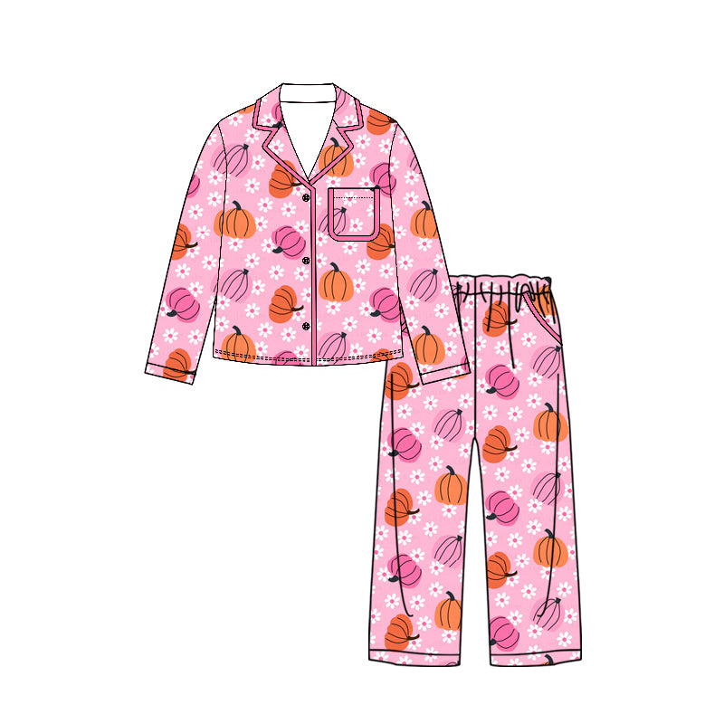 (Preorder new) No moq Adult Women Flower Pumpkin Button Top Pocket Pants Casual Home Holiday Outfits