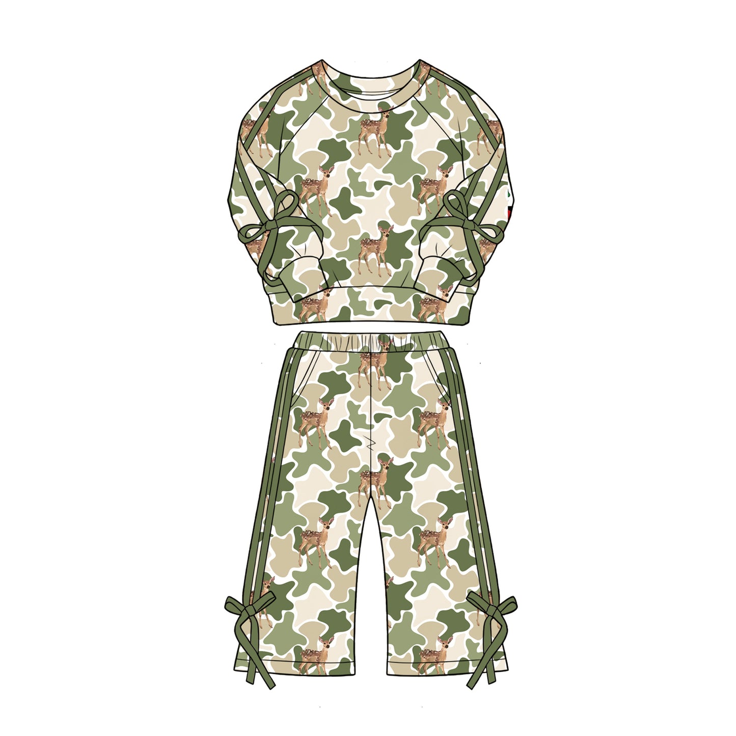 (Preorder new) No moq Baby Deer Print Camouflage Long Sleeve Pants Sets Dress Matching Zip Up Long Sleeve Sweater