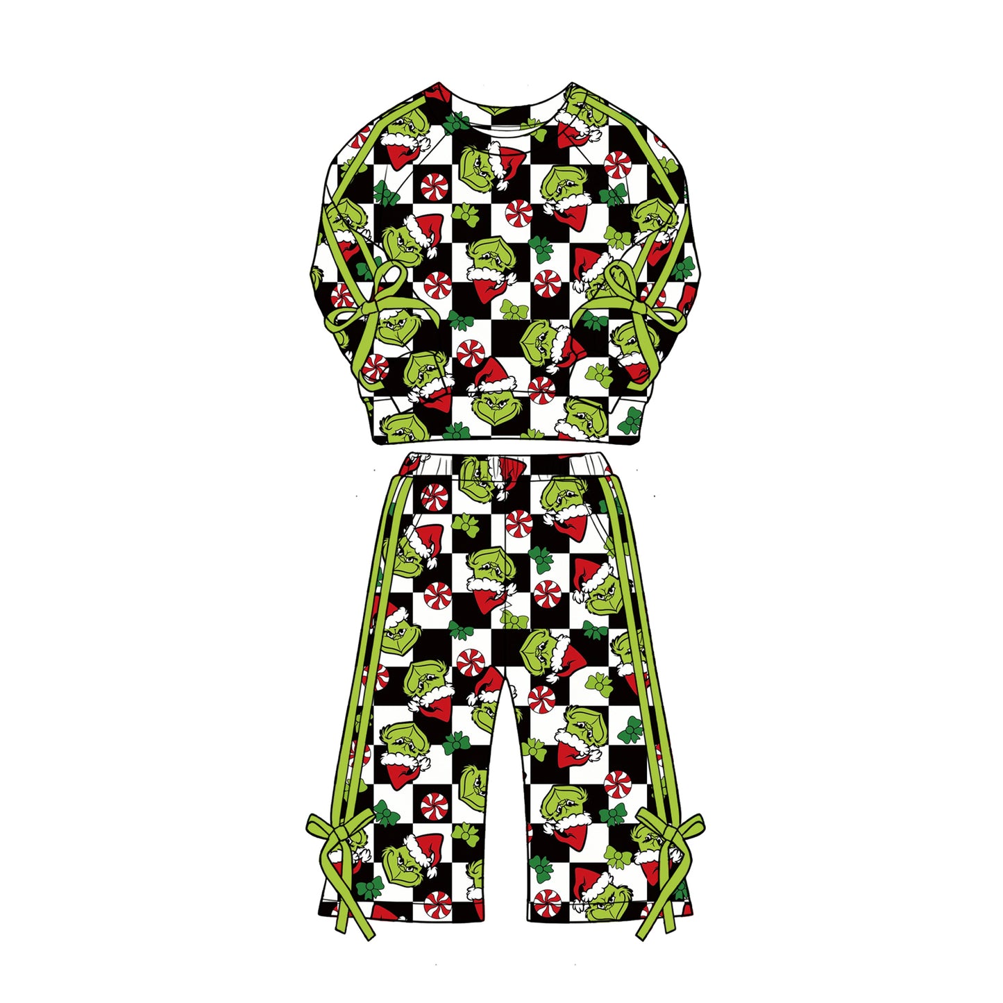 (Preorder new) No moq Baby Green Checked Long Sleeve Pants Sets Dress Matching Zip Up Long Sleeve Sweater