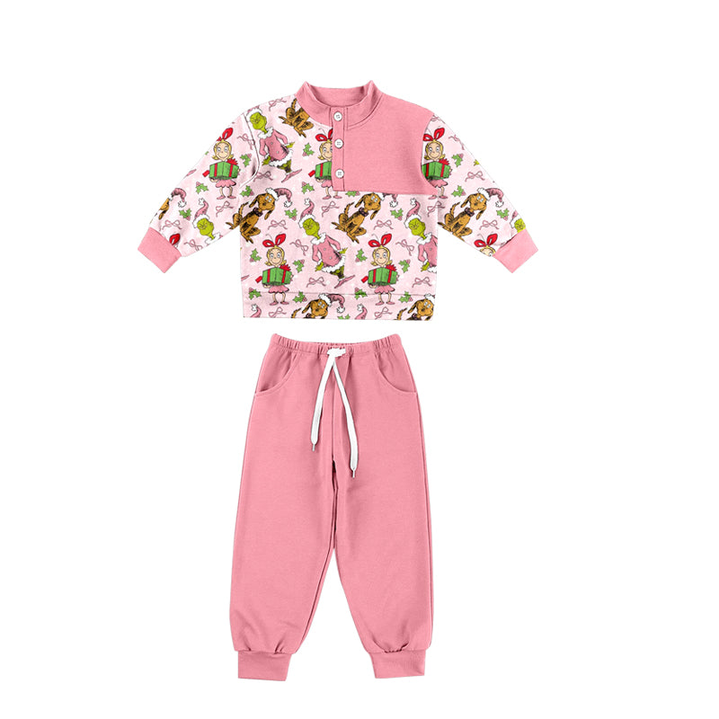 (Preorder new) No moq GLP3431 Baby Girl Pink Christmas Long Sleeve Top Matching Elastic Waist Long Pants Two Piece Sets