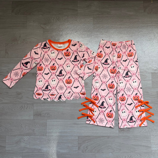 (Sample) No moq milk silk GLP3434 Baby Girls Ghost Pumpkin Print Scallop Trim Long Sleeve Top Elastic Waist Bow Pants Halloween Set