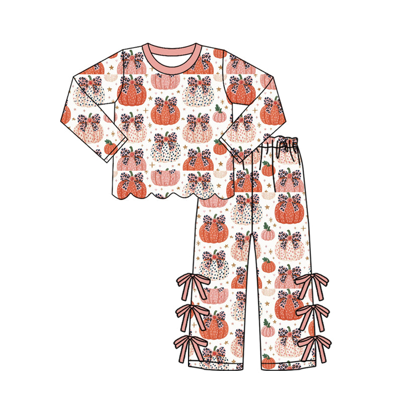 (Preorder new) No moq Baby Girls Cute Spooky Ghosts Pumpkins Scallop Trim Top Bow Pants Daily Clothes Sets